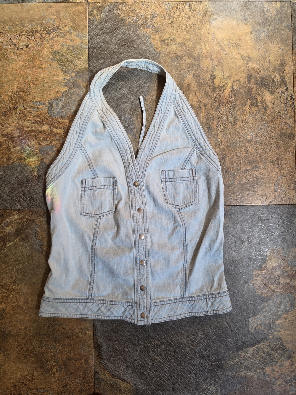 Vintage Faded Glory Light Blue Denim Halter Snap-Front Camisole